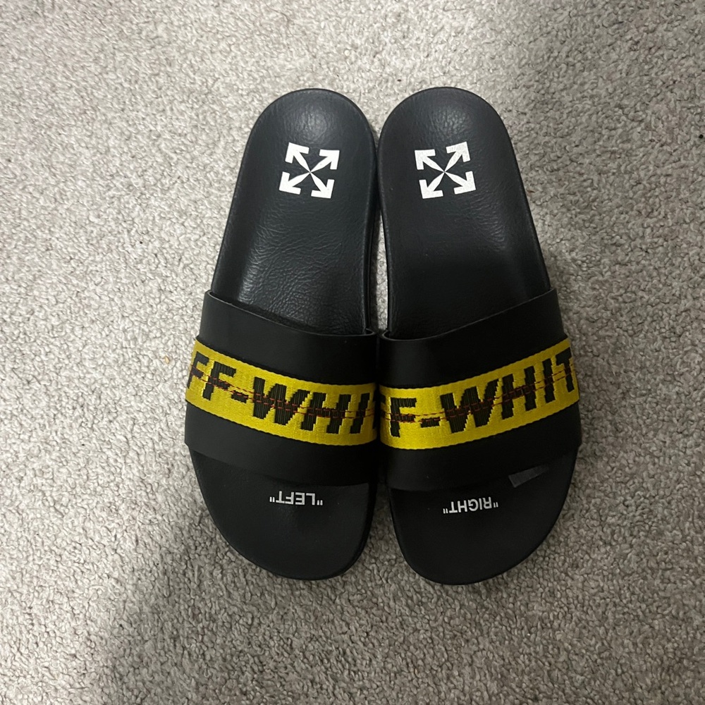 Off-White Black Slides with Yellow Strap